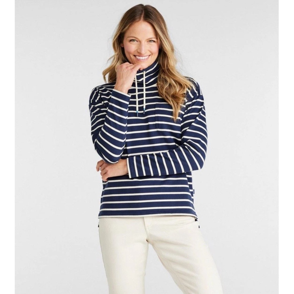 L.L.Bean Womens Heritage Mariner Top L Petite Funnel Neck Stripe Cotton Nautical